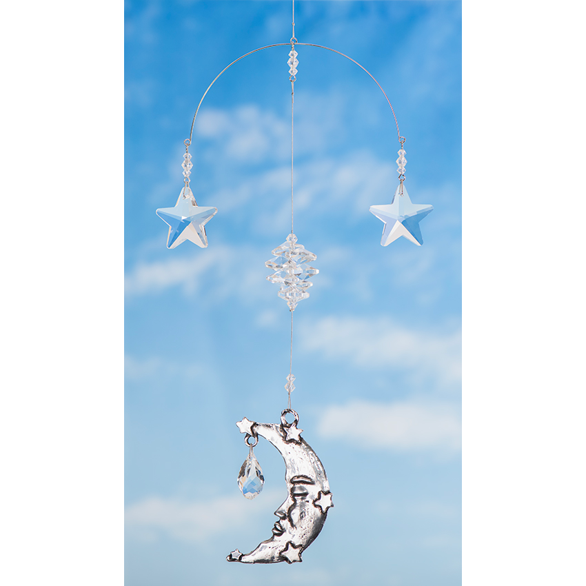 C312-5 Crystal Mobiles Pewter Moon w/ Crystal Stars - Clear